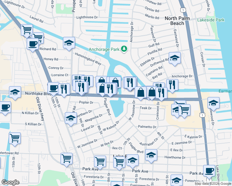 map of restaurants, bars, coffee shops, grocery stores, and more near 623 Florida 850 in North Palm Beach