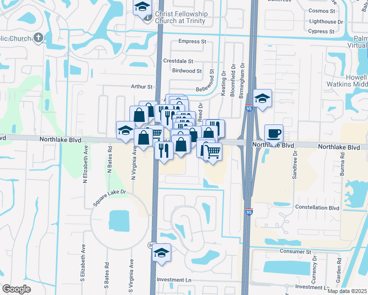map of restaurants, bars, coffee shops, grocery stores, and more near 8900 N Military Trail in West Palm Beach