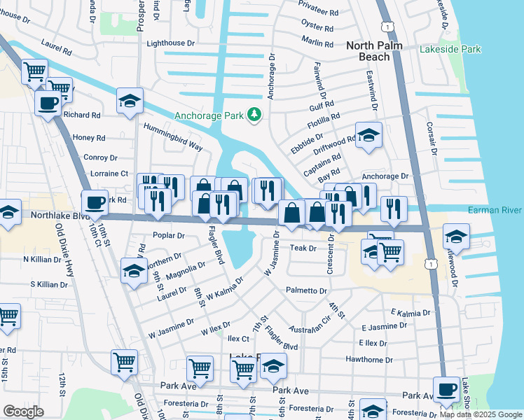 map of restaurants, bars, coffee shops, grocery stores, and more near 308 Southwind Court in North Palm Beach