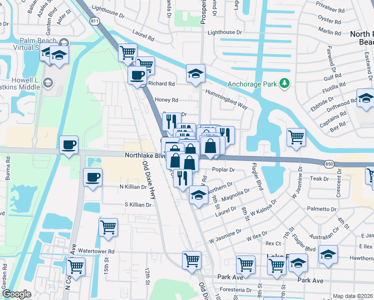 map of restaurants, bars, coffee shops, grocery stores, and more near 2561 Northlake Boulevard in West Palm Beach