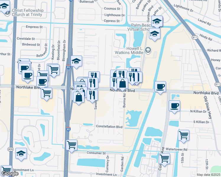 map of restaurants, bars, coffee shops, grocery stores, and more near Northlake Blvd & Silverthorne Dr in Palm Beach Gardens