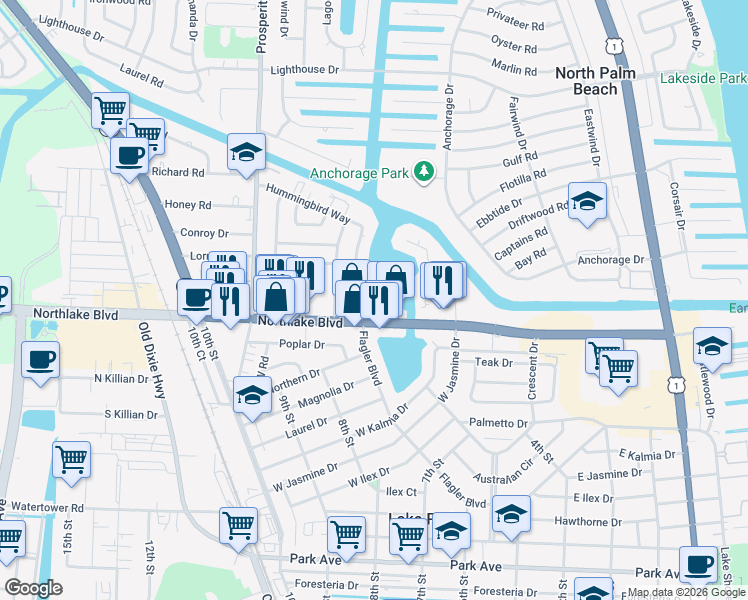 map of restaurants, bars, coffee shops, grocery stores, and more near 309 Lake Circle in North Palm Beach