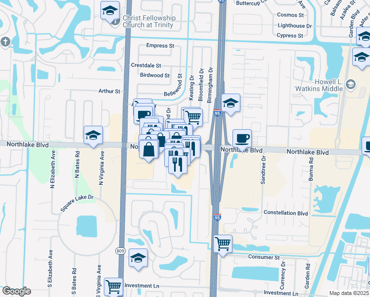 map of restaurants, bars, coffee shops, grocery stores, and more near Northlake Blvd & Keating Dr in Palm Beach Gardens