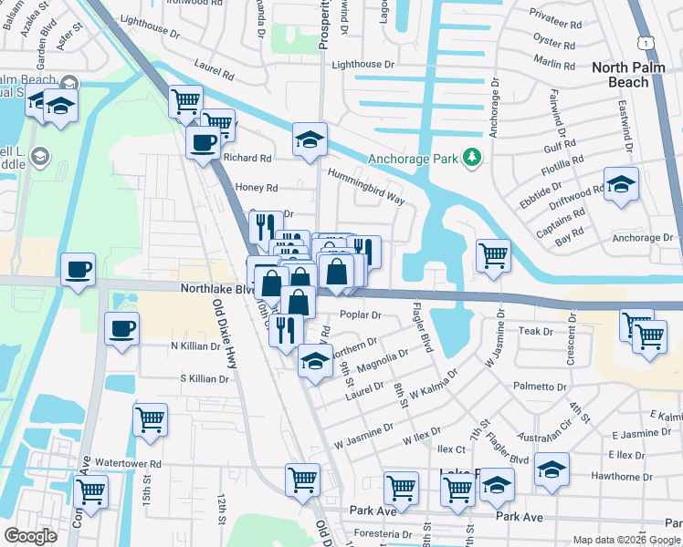 map of restaurants, bars, coffee shops, grocery stores, and more near 785 Northlake Boulevard in North Palm Beach