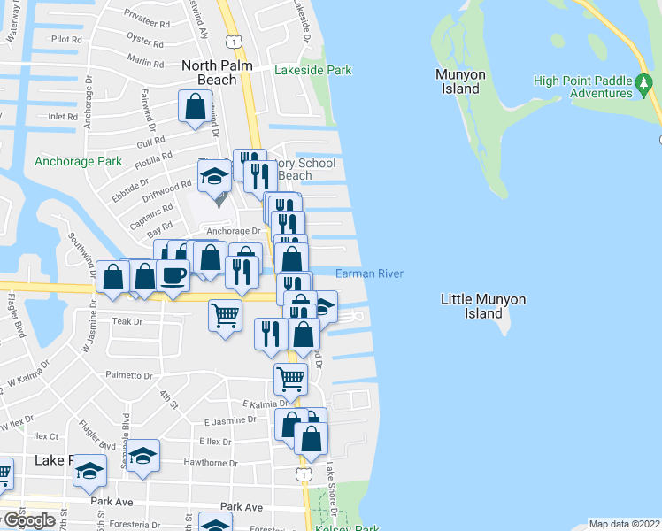 map of restaurants, bars, coffee shops, grocery stores, and more near 105 Paradise Harbour Boulevard in North Palm Beach
