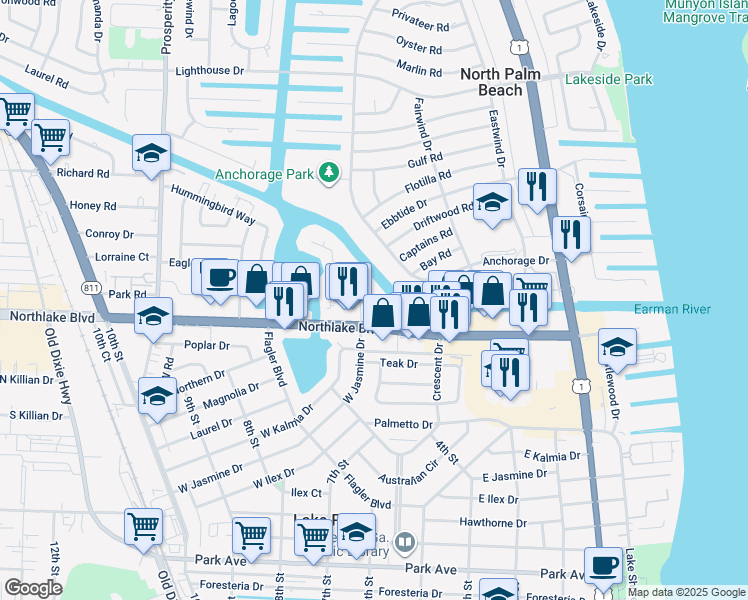 map of restaurants, bars, coffee shops, grocery stores, and more near 312 Southwind Drive in North Palm Beach