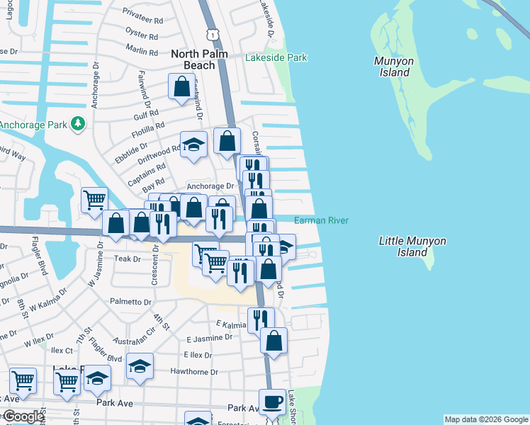 map of restaurants, bars, coffee shops, grocery stores, and more near 420 U.S. 1 in North Palm Beach