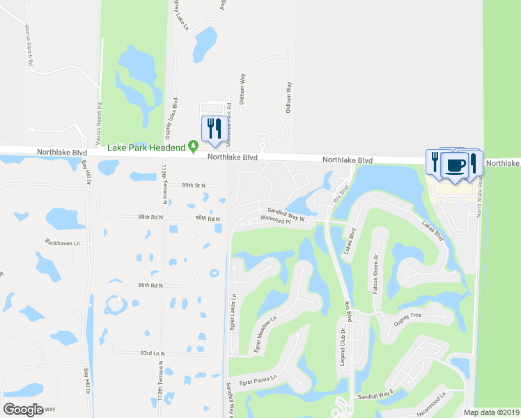 map of restaurants, bars, coffee shops, grocery stores, and more near Sandhill Way W & Grande Blvd in West Palm Beach