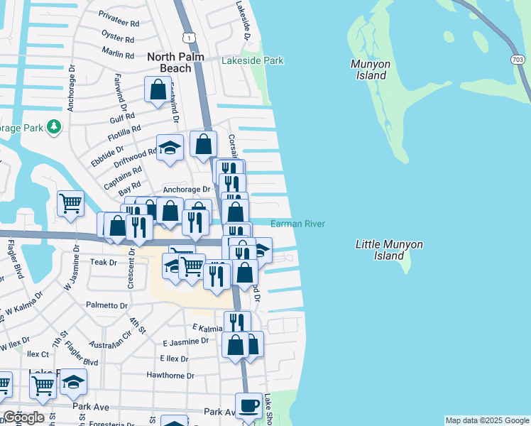 map of restaurants, bars, coffee shops, grocery stores, and more near 105 Paradise Harbour Boulevard in North Palm Beach