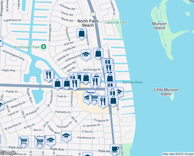 map of restaurants, bars, coffee shops, grocery stores, and more near 409 U.S. 1 in North Palm Beach