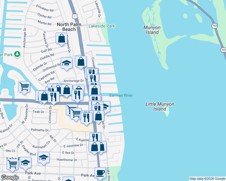 map of restaurants, bars, coffee shops, grocery stores, and more near 100 Paradise Harbour Boulevard in North Palm Beach