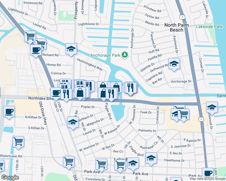 map of restaurants, bars, coffee shops, grocery stores, and more near 313 Lake Circle in North Palm Beach
