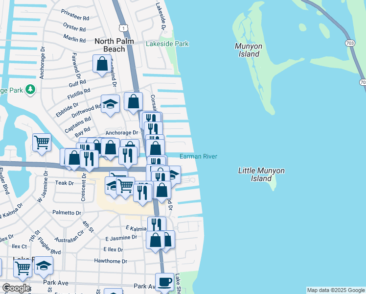 map of restaurants, bars, coffee shops, grocery stores, and more near 105 Paradise Harbour Boulevard in North Palm Beach