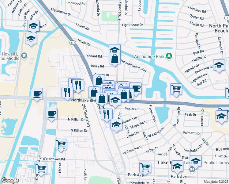 map of restaurants, bars, coffee shops, grocery stores, and more near 560 Marbella Circle in Lake Park