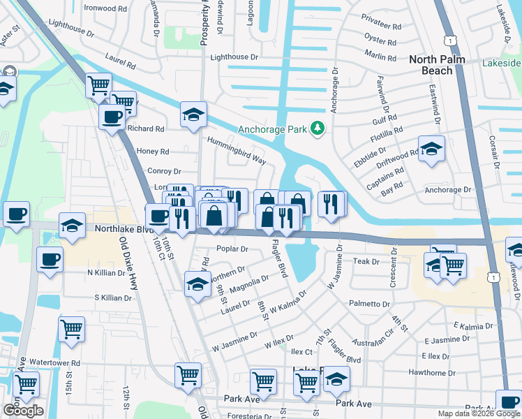 map of restaurants, bars, coffee shops, grocery stores, and more near 326 Northlake Drive in North Palm Beach