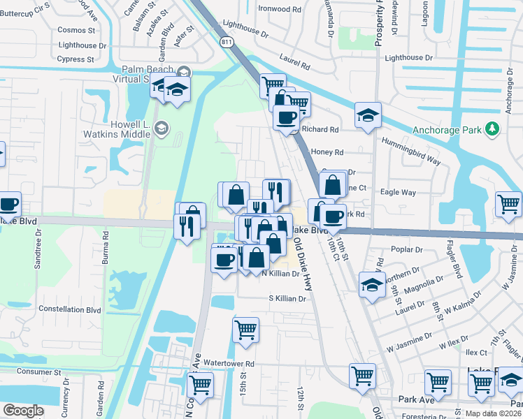 map of restaurants, bars, coffee shops, grocery stores, and more near 2905 Banyan Lane in West Palm Beach