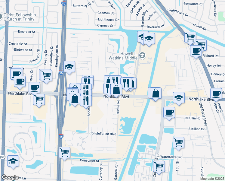 map of restaurants, bars, coffee shops, grocery stores, and more near 3555 Northlake Boulevard in Palm Beach Gardens