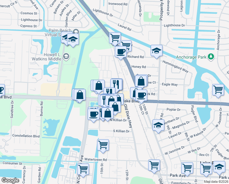 map of restaurants, bars, coffee shops, grocery stores, and more near 2905 Banyan Lane in West Palm Beach