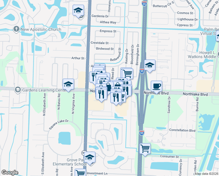 map of restaurants, bars, coffee shops, grocery stores, and more near 4283 Northlake Boulevard in Palm Beach Gardens