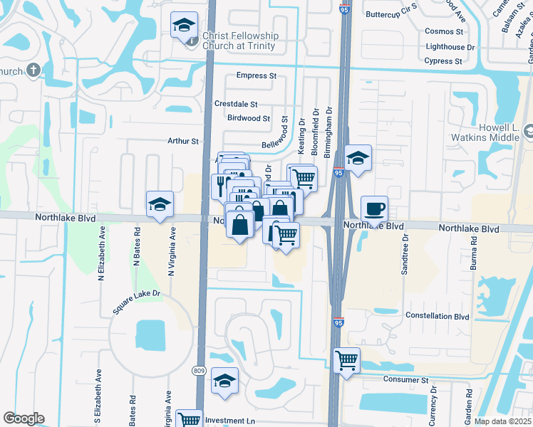 map of restaurants, bars, coffee shops, grocery stores, and more near 4283 Northlake Boulevard in Palm Beach Gardens