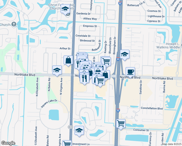 map of restaurants, bars, coffee shops, grocery stores, and more near 4283 Northlake Boulevard in Palm Beach Gardens
