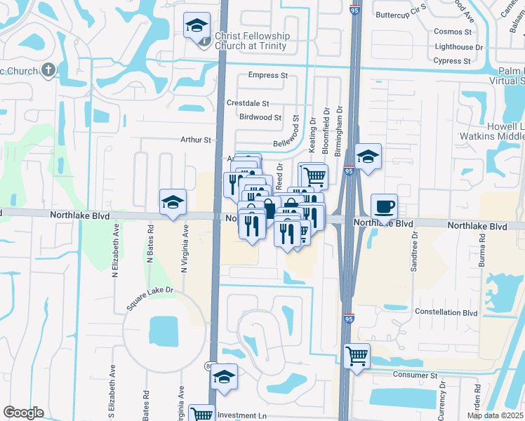 map of restaurants, bars, coffee shops, grocery stores, and more near 4283 Northlake Boulevard in Palm Beach Gardens
