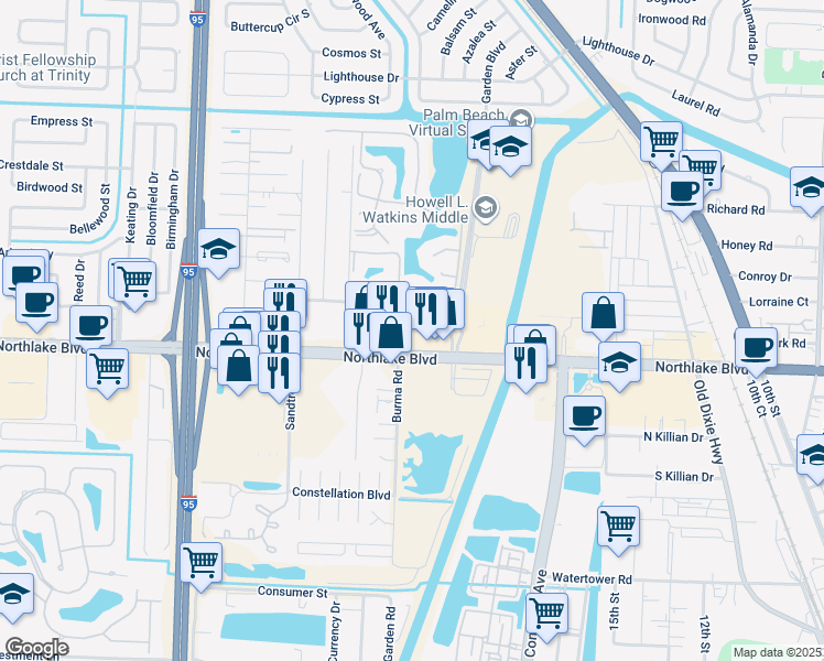 map of restaurants, bars, coffee shops, grocery stores, and more near 3451 Northlake Boulevard in Palm Beach Gardens