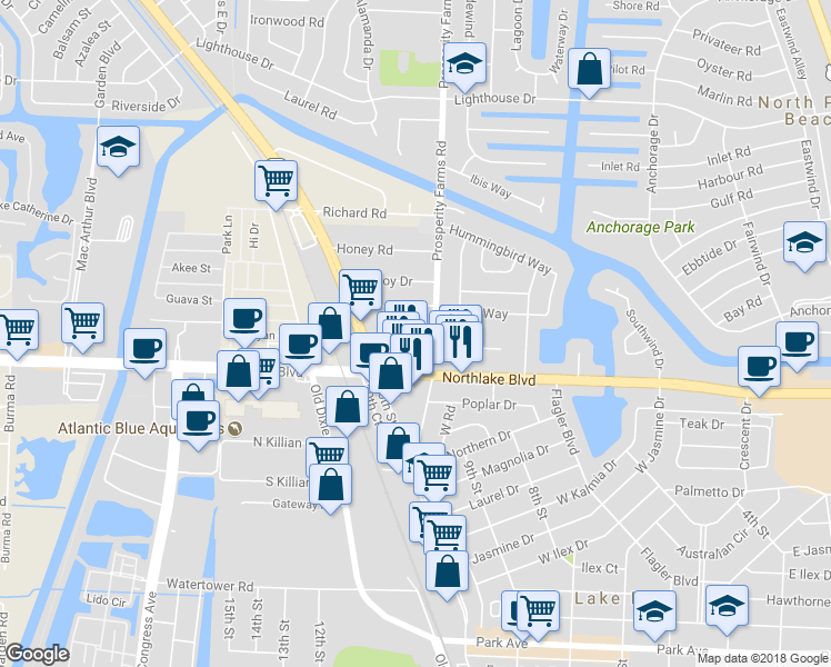 map of restaurants, bars, coffee shops, grocery stores, and more near 588 Marbella Circle in North Palm Beach