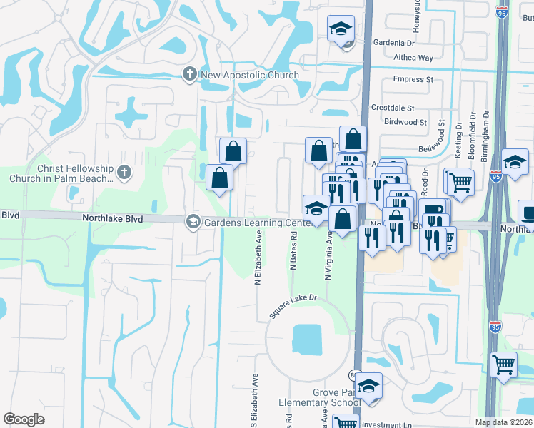 map of restaurants, bars, coffee shops, grocery stores, and more near 4857 Northlake Boulevard in Palm Beach Gardens