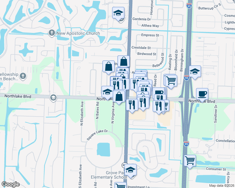 map of restaurants, bars, coffee shops, grocery stores, and more near 4595 Northlake Boulevard in Palm Beach Gardens
