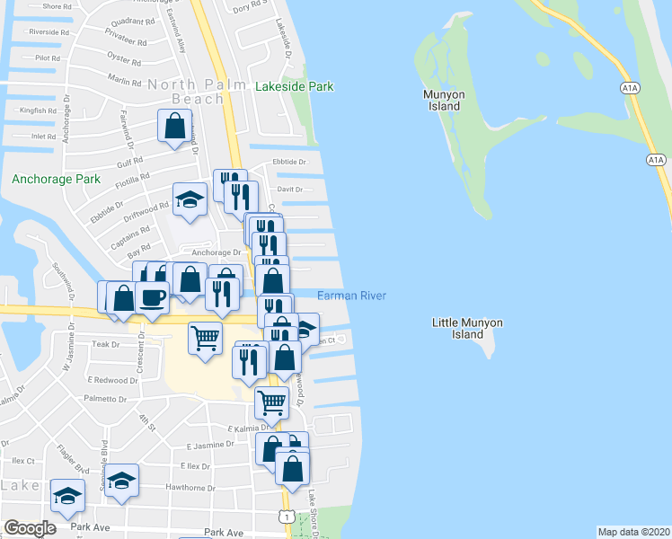 map of restaurants, bars, coffee shops, grocery stores, and more near 105 Paradise Harbour Boulevard in North Palm Beach