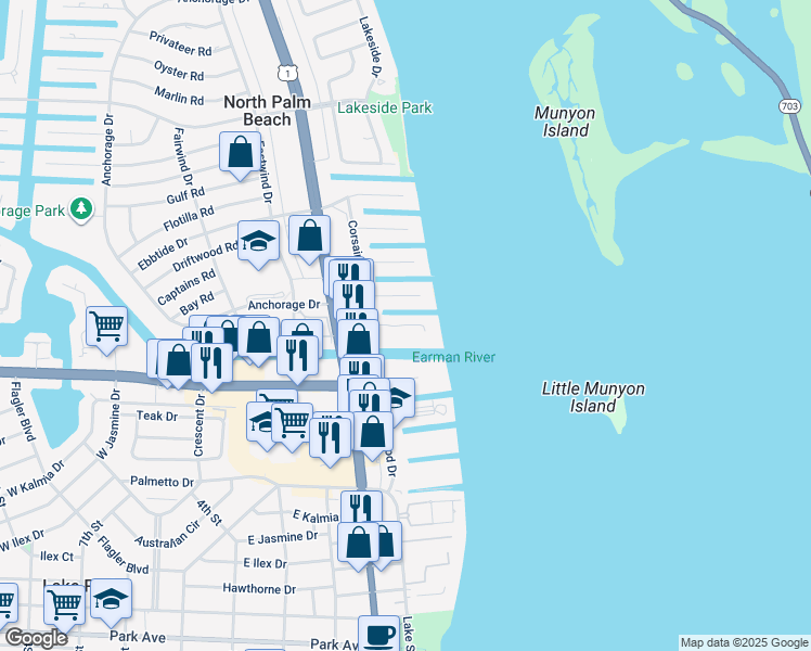 map of restaurants, bars, coffee shops, grocery stores, and more near 105 Paradise Harbour Boulevard in North Palm Beach