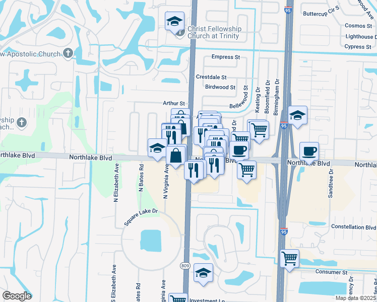 map of restaurants, bars, coffee shops, grocery stores, and more near in Palm Beach Gardens