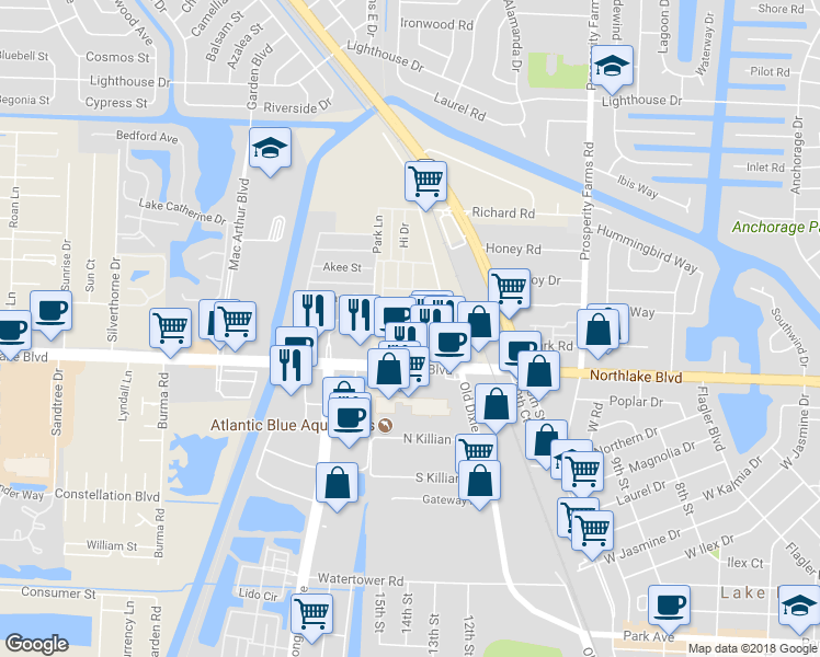 map of restaurants, bars, coffee shops, grocery stores, and more near 2905 Banyan Lane in West Palm Beach