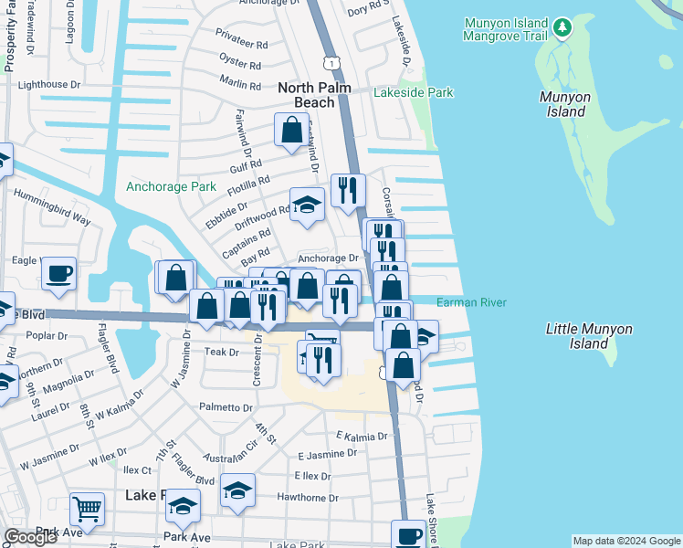 map of restaurants, bars, coffee shops, grocery stores, and more near 409 U.S. 1 in North Palm Beach