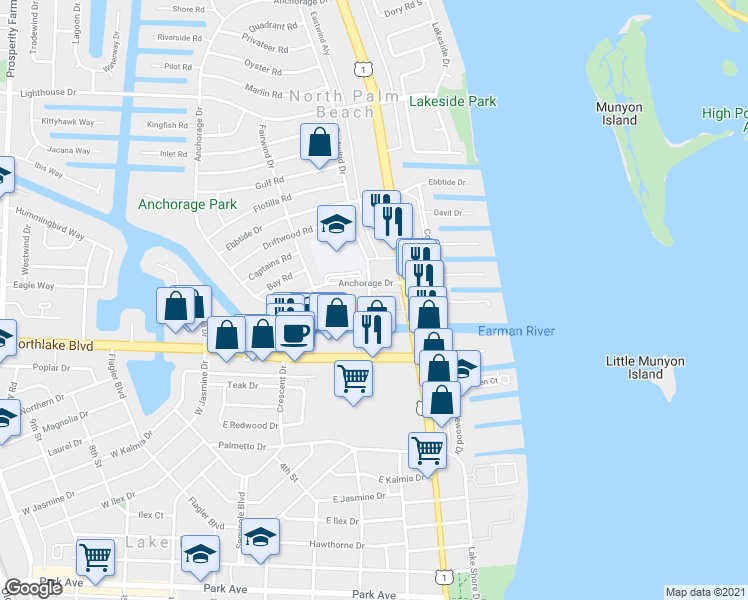 map of restaurants, bars, coffee shops, grocery stores, and more near 409 U.S. 1 in North Palm Beach