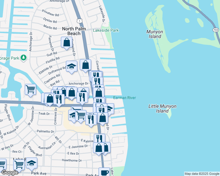 map of restaurants, bars, coffee shops, grocery stores, and more near 109 Paradise Harbour Boulevard in North Palm Beach