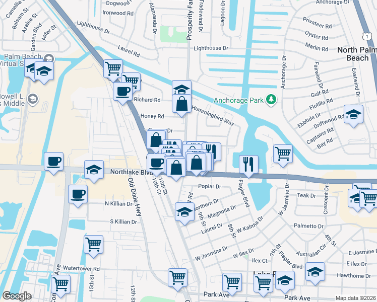 map of restaurants, bars, coffee shops, grocery stores, and more near 801 Fairhaven Drive in North Palm Beach