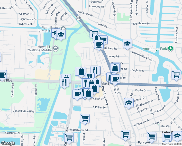map of restaurants, bars, coffee shops, grocery stores, and more near 2905 Banyan Lane in West Palm Beach