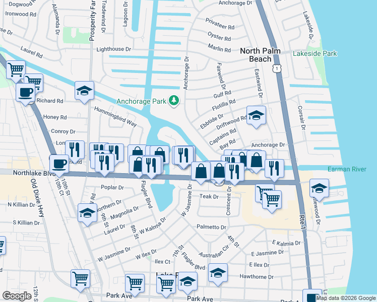map of restaurants, bars, coffee shops, grocery stores, and more near 330 Southwind Drive in North Palm Beach