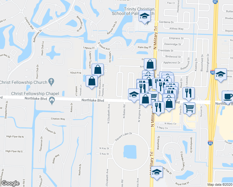 map of restaurants, bars, coffee shops, grocery stores, and more near 9000 West Highland Pines Boulevard in Palm Beach Gardens