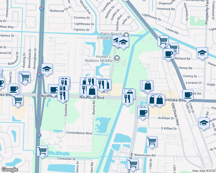 map of restaurants, bars, coffee shops, grocery stores, and more near 3451 Macarthur Boulevard in Palm Beach Gardens