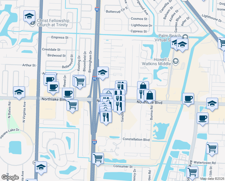 map of restaurants, bars, coffee shops, grocery stores, and more near 3856 Vancott Street in West Palm Beach