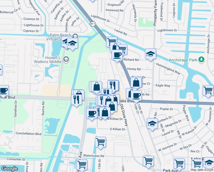 map of restaurants, bars, coffee shops, grocery stores, and more near 2905 Banyan Lane in West Palm Beach
