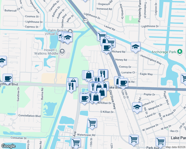 map of restaurants, bars, coffee shops, grocery stores, and more near 9075 Highpoint Drive in West Palm Beach