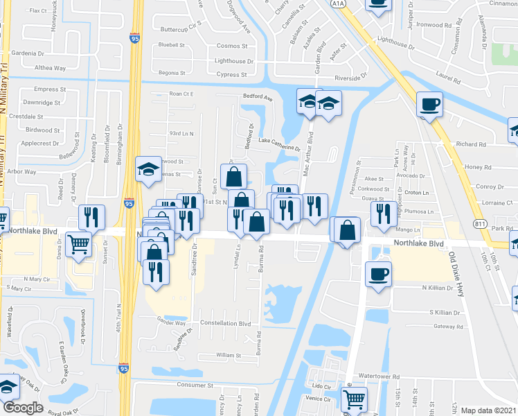 map of restaurants, bars, coffee shops, grocery stores, and more near 3555 Northlake Boulevard in Palm Beach Gardens