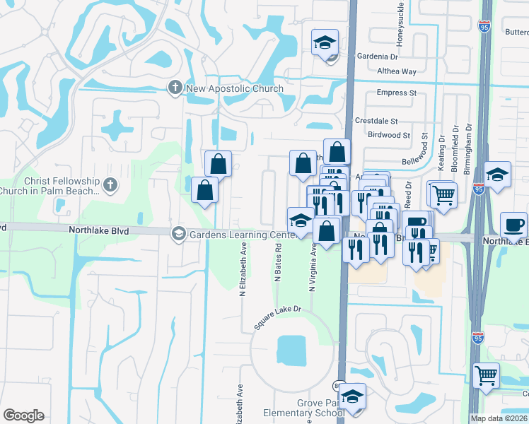 map of restaurants, bars, coffee shops, grocery stores, and more near 4857 Northlake Boulevard in Palm Beach Gardens