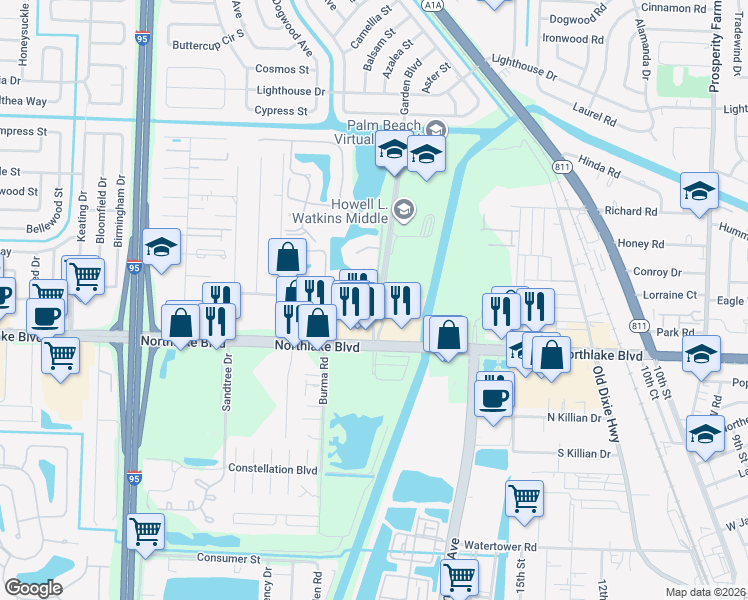 map of restaurants, bars, coffee shops, grocery stores, and more near 3451 Macarthur Boulevard in Palm Beach Gardens