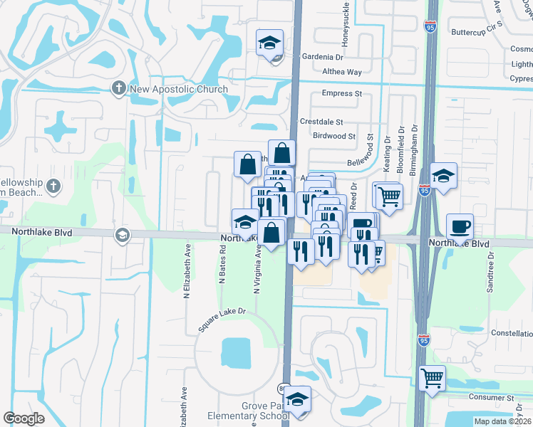 map of restaurants, bars, coffee shops, grocery stores, and more near 4595 Northlake Boulevard in Palm Beach Gardens