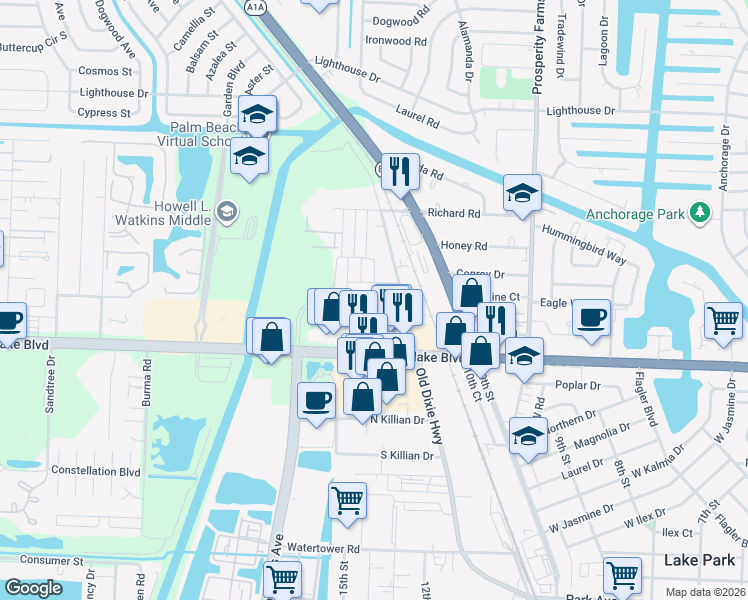 map of restaurants, bars, coffee shops, grocery stores, and more near 9175 Croton Lane in West Palm Beach
